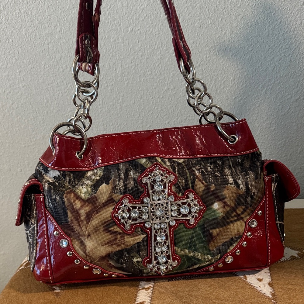 Y2K Camouflage Cross Embellished Red Handbag Bling Bag